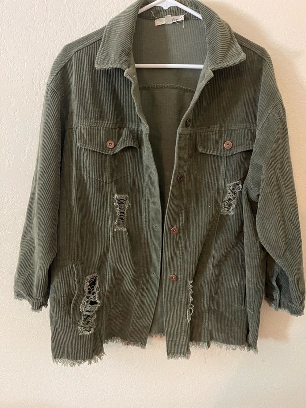 Olive Green Distressed Corduroy Overshirt Jacket - Women